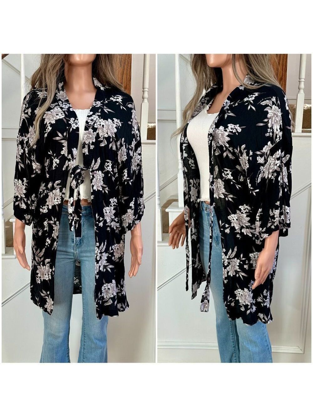 Spiritual Gangster black floral tie front kimono